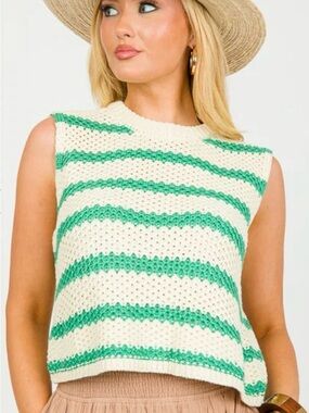 La Miel Green and White Striped  Chunky Knit Sweater Vest, Size Large